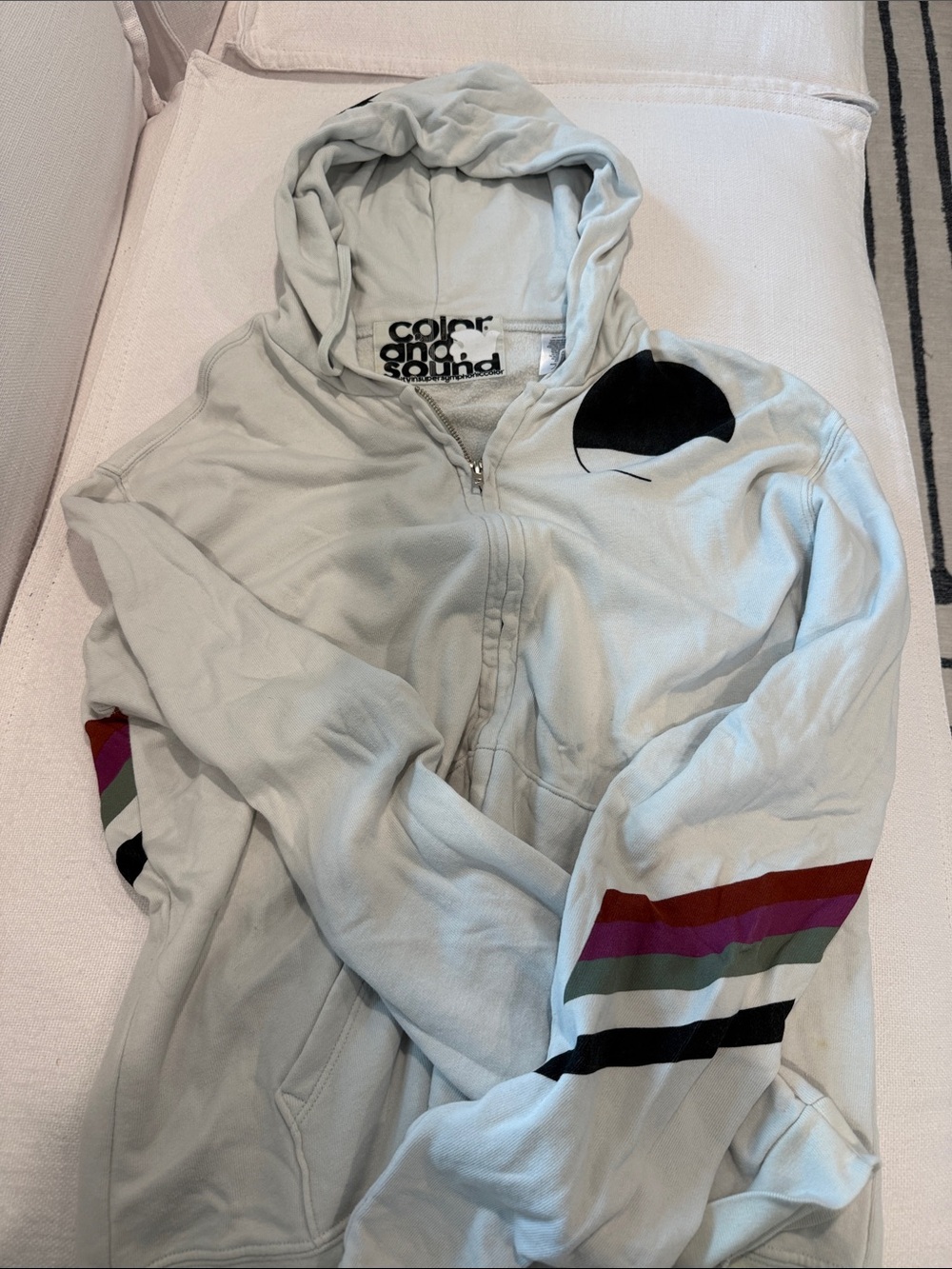 freecity Light Gray Zip Hoodie with Multicolor Sleeve Stripes